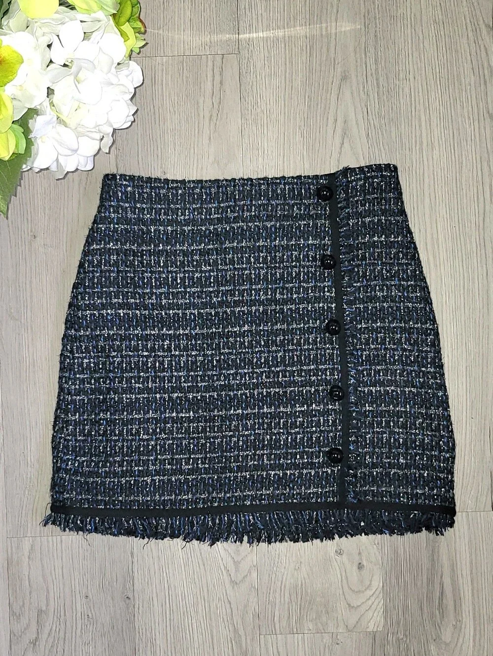 Veronica Beard Mirabelle Mini Skirt Navy, Silver, Black Tweed & Fringe Hem, 4